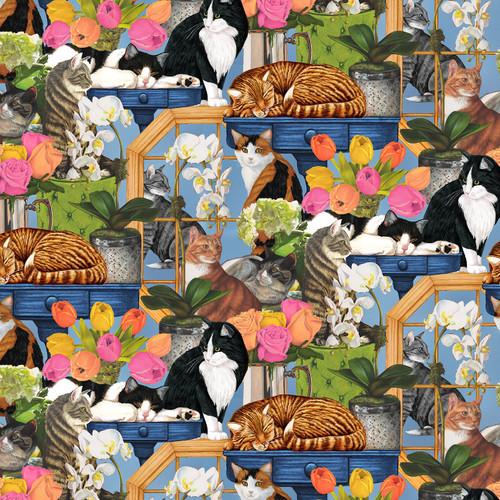 Whiskers Among Petals- Cats by Window Dusty Blue